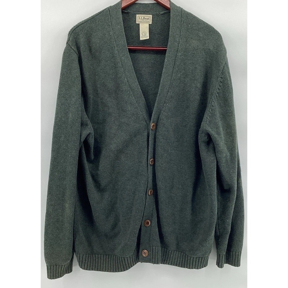 LL Bean Button Up V-Neck Cardigan Men XL Green Grandpa Academia Preppy EUC OHJS7